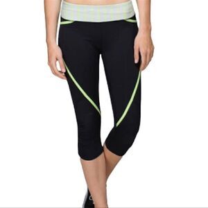 Lululemon Run Pace Crop Legging Black and Neon Yellow 4